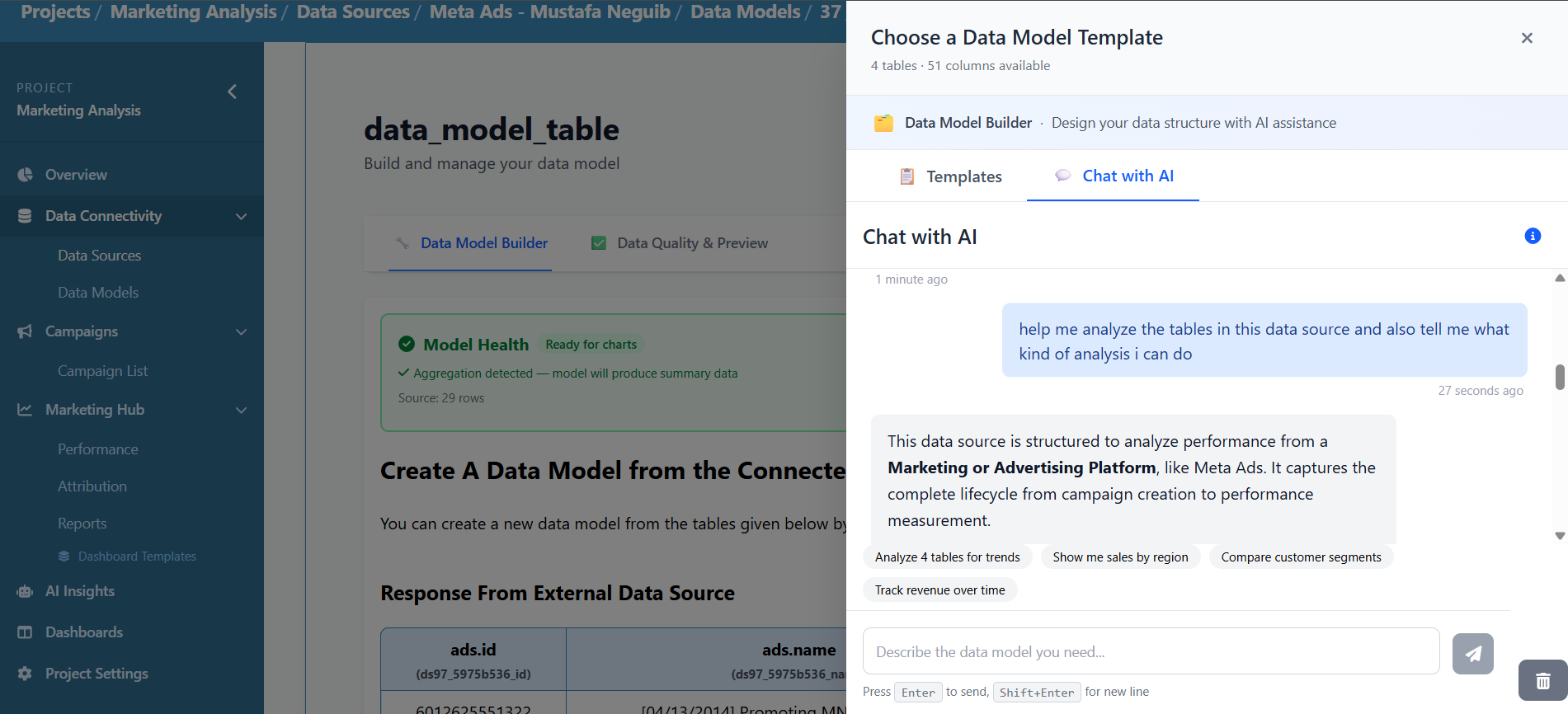 Data Research Analysis Marketing Intelligence Platform AI Data Modeler in action