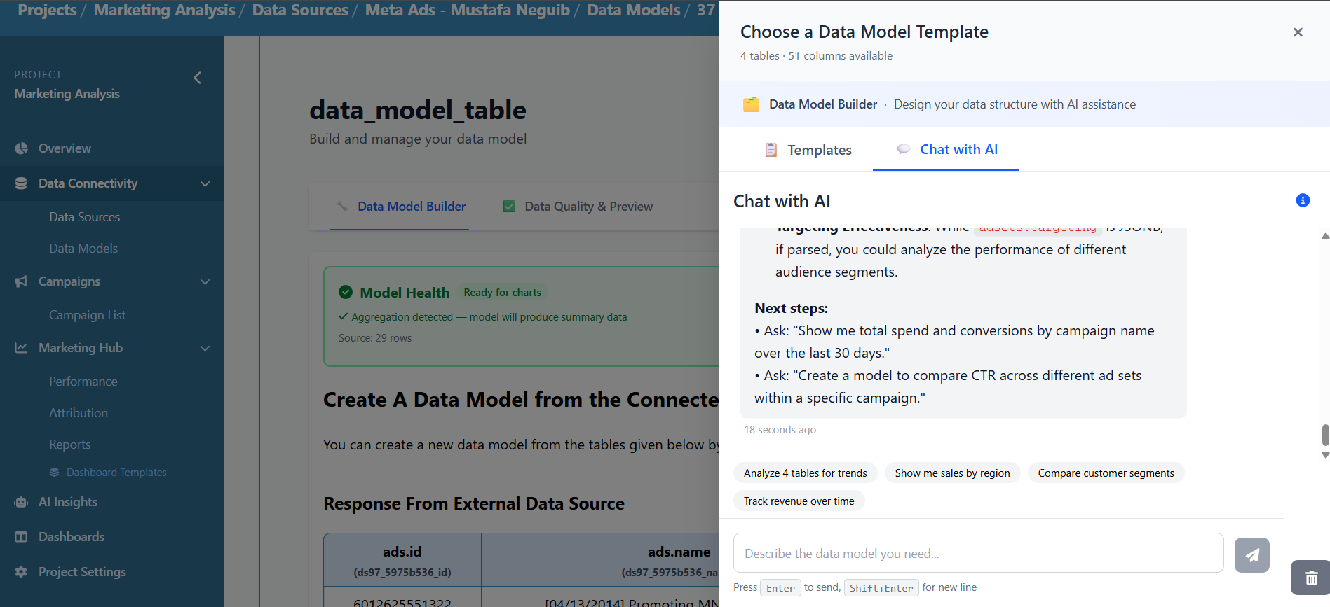 Data Research Analysis Marketing Intelligence Platform AI Data Modeler gives analysis and results to the user