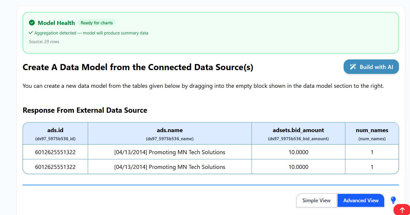 Sample data being shown in the data model builder