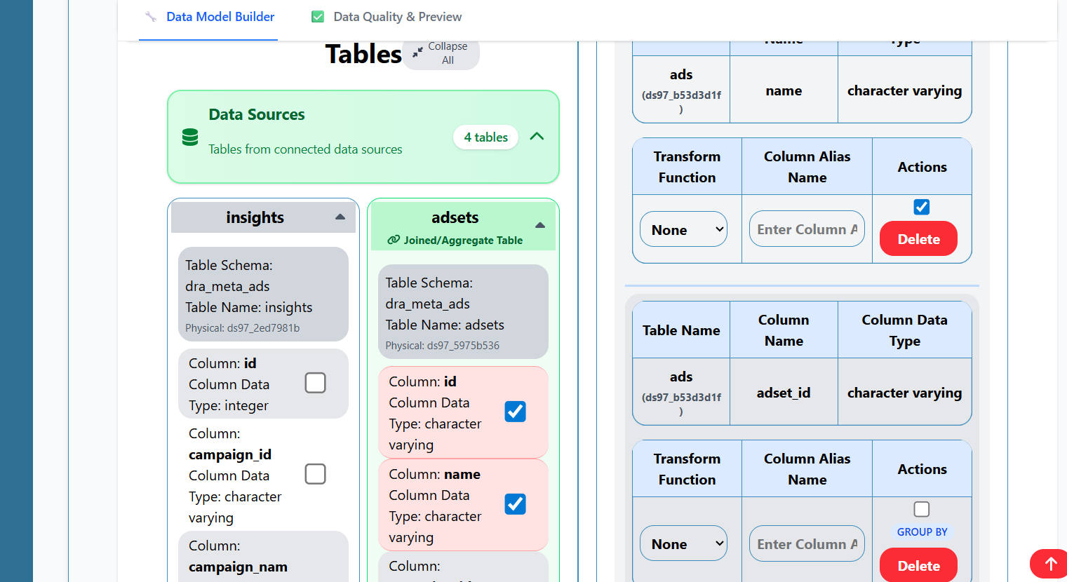 Columns in the data model that have been selected from the data sources